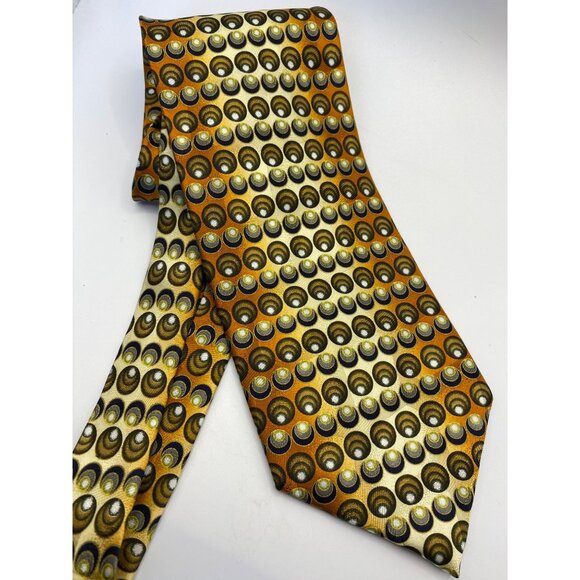 Franco Di Napoli Mens Silk Tie With Retro Geometric Print In Gold Cream & Black - Picture 1 of 6